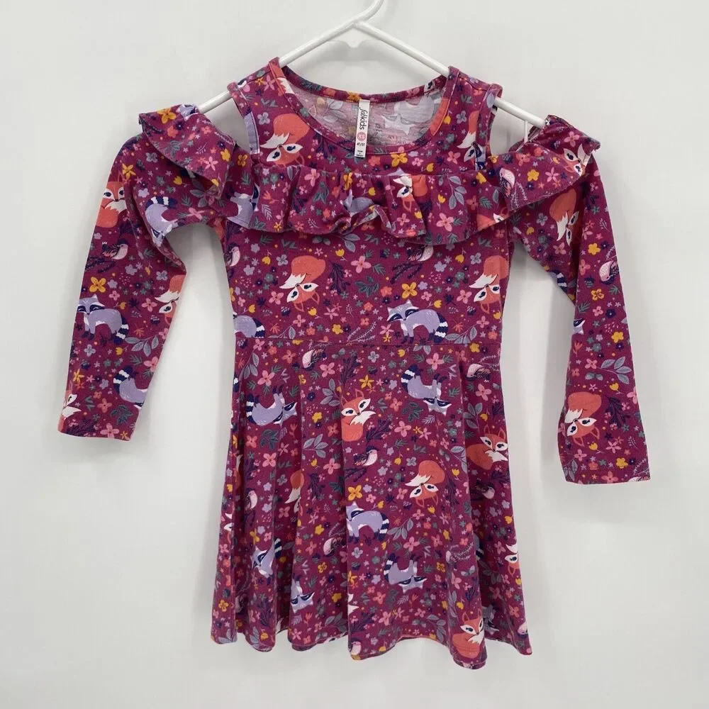 Fabkids Kids Fox Print Round Neck Long Sleeve Ruffle Trim Cold Shoulder Dress XS